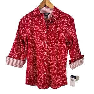 NWT Chaps Red Polka Dot No Iron Women’s Button Front Slimming Shirt Small